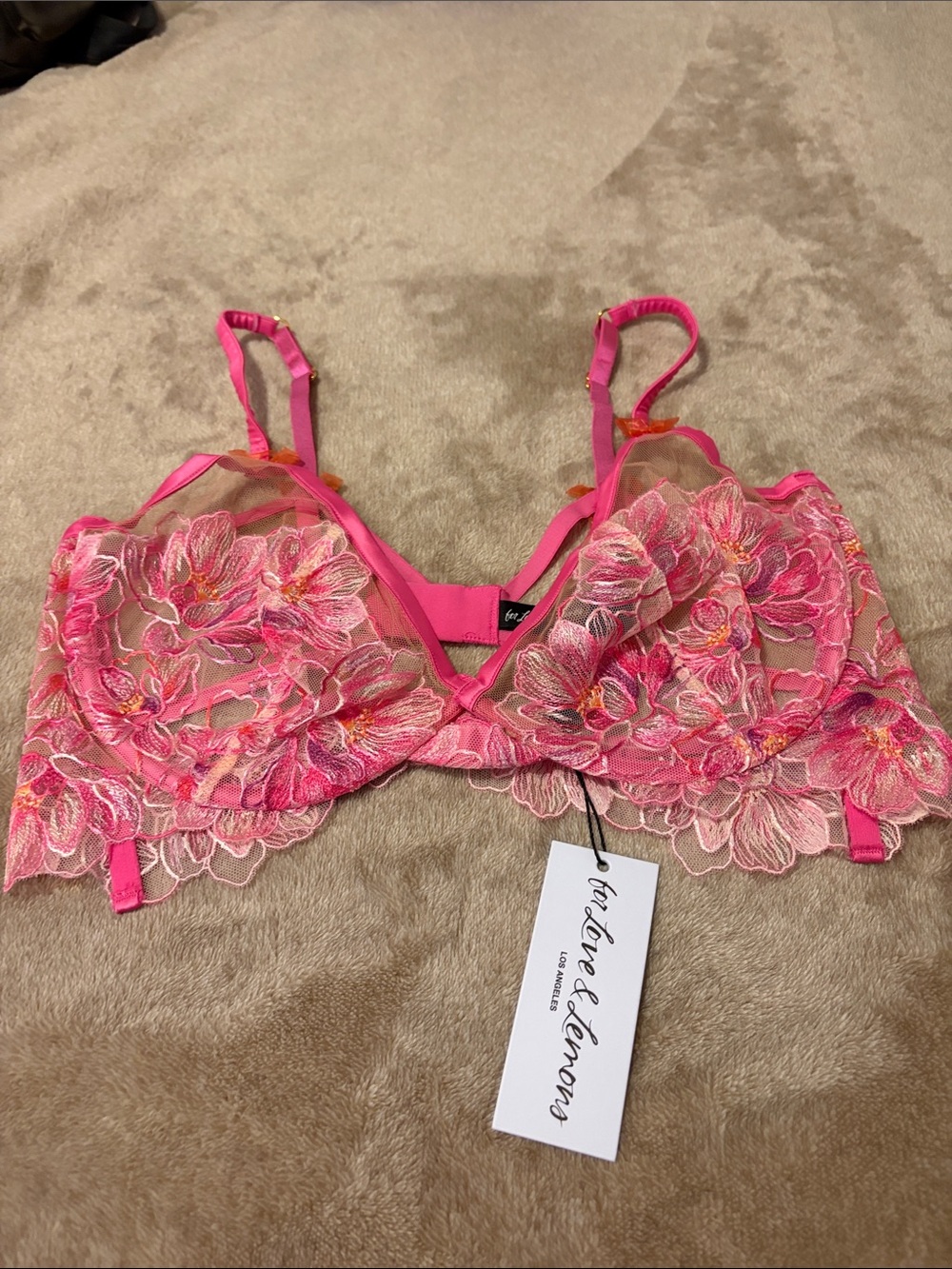 For Love And Lemons Hot Pink Floral Lace Underwire Bra